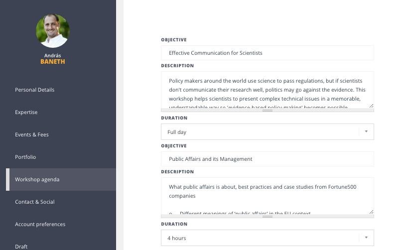 Training Agenda SpeakerHub: Add more essential information and media to your profile